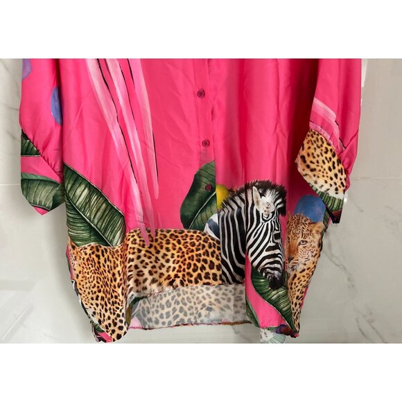 Patricia Forgeal LM Lulu Pink Button-Up Shirt With Jungle Safari Print Leopard & - Picture 5 of 11
